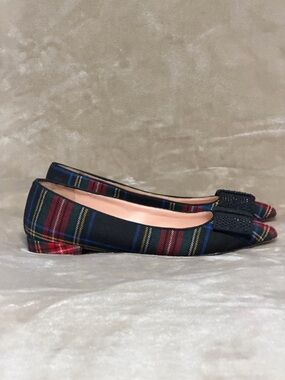 J. Crew Tartan Festive Holiday Plaid Crystal Studded Bow Pointy Toe Ballet Flats